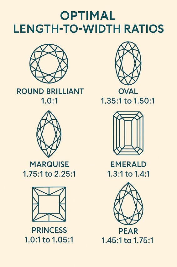 Image: Side-by-Side Comparison of Identical Carat Weight Diamonds in Different Length-to-Width Ratios - See how ratio changes dramatically affect visual size perception and finger coverage