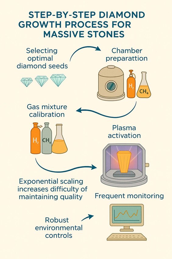 Image: Large Diamond Growth Timeline Visualization - Step-by-step visual process showing seed preparation, chamber setup, growth monitoring, and quality control across months of production