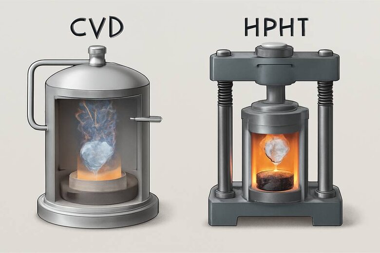 Image: Side-by-Side CVD vs HPHT Growth Process - Cross-section view of both technologies showing chemical vapor deposition chamber versus high-pressure high-temperature press operation