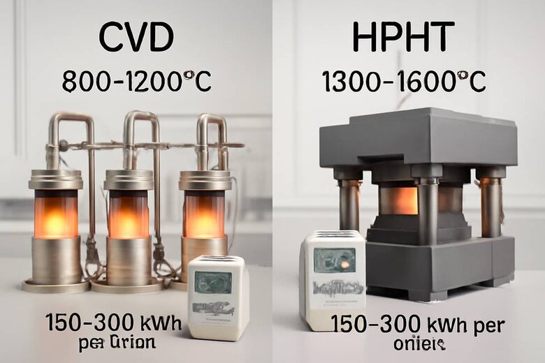 Image: CVD vs HPHT Production Process Side-by-Side Comparison - Visual demonstration of temperature differences, equipment setup, and energy consumption patterns to help readers understand the technical distinctions between methods