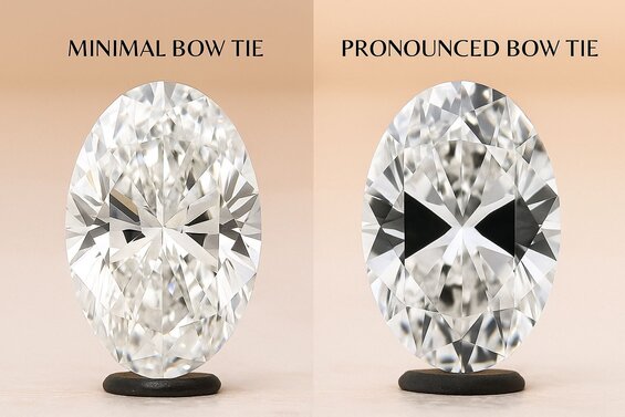 Bild: Split-Screen Fliege Vergleich Diamant - Professionelle Beleuchtung zeigt minimale und ausgeprägte Fliegeeffekte in identischen ovalen Labordiamanten, um Qualitätsunterschiede zu demonstrieren