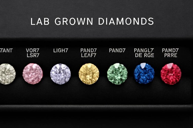 Image: Side-by-Side Diamond Color Grade Comparison Chart - Visual scale showing actual diamonds from Faint to Fancy Vivid grades in popular colors to demonstrate saturation differences