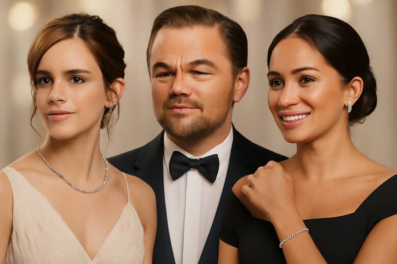 Image: Celebrity Lab-Grown Diamond Showcase - Visual gallery showing Emma Watson, Leonardo DiCaprio, and Meghan Markle wearing lab-grown diamonds to inspire reader confidence in celebrity-endorsed choices