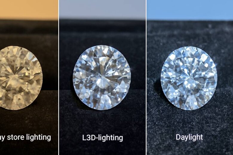 Image: Comparison showing same diamond under three different lighting conditions (jewelry store tungsten, daylight LED, natural sunlight) demonstrating how cloudiness visibility changes with lighting environment - Helps buyers understand proper inspection conditions for accurate clarity assessment