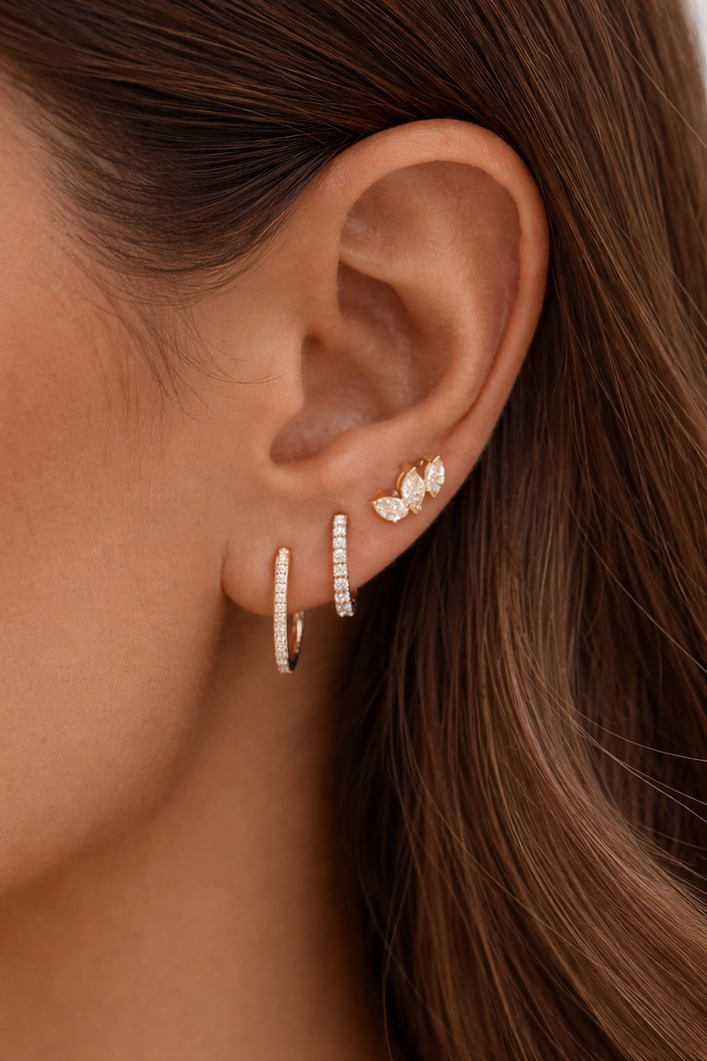  Sparkling Lab-Grown Diamond Hoop Earrings Collection - Showcasing inside-out and huggie styles with visible certification tags, sustainable production icons, and luxury presentation demonstrating ethical elegance without compromise