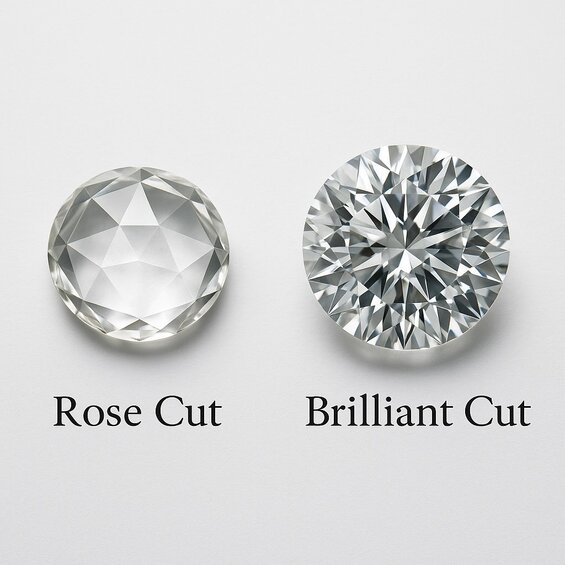Image: Split-screen comparison of rose cut and brilliant cut lab diamonds showing facet structures, light patterns, and size differences in identical settings - Complete visual guide for choosing your perfect diamond cut