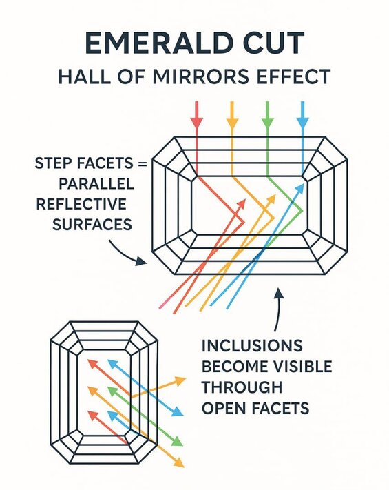 Image: Step Cut Light Path Diagram - Shows exactly how light travels through rectangular facets to create the hall of mirrors effect, helping readers visualize why clarity matters more