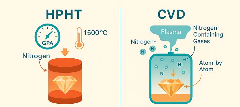 Image: HPHT vs CVD Champagne Diamond Creation Process Visual Comparison - Helps buyers understand which production method delivers the color consistency and quality they prefer for their purchase