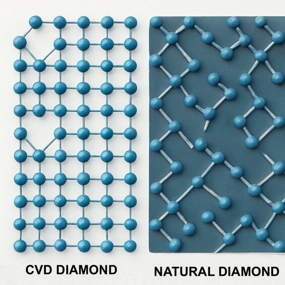 CVDダイヤモンドの完全な原子配列を示す結晶格子構造の微視的比較