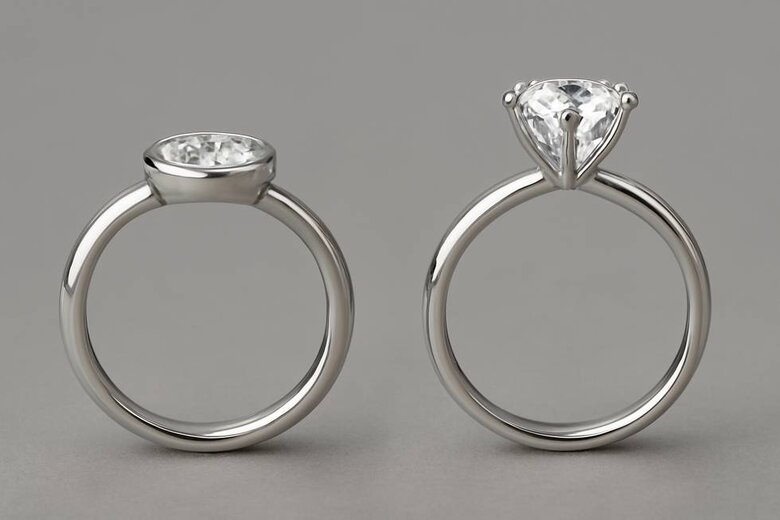 Image: Side-by-side profile view comparison showing bezel setting flush against finger versus prong setting elevated 5mm above band, both featuring 2-carat round brilliant diamonds - Instantly visualizes the &quot;snag-free&quot; advantage that text alone cannot convey