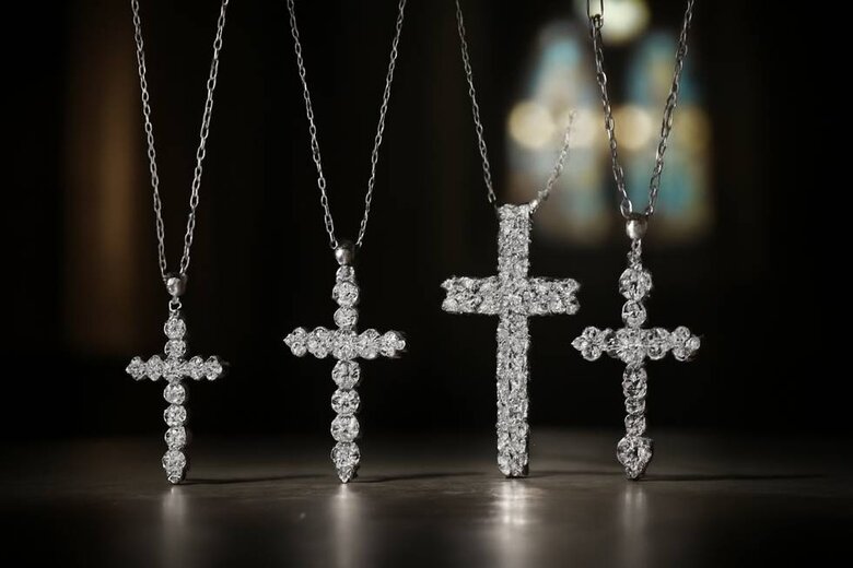 Image: Elegant Lab-Grown Diamond Cross Collection Against Spiritual Background - Stunning display showcasing various cross necklace styles from delicate to statement pieces, with dramatic lighting highlighting diamond brilliance and spiritual symbolism