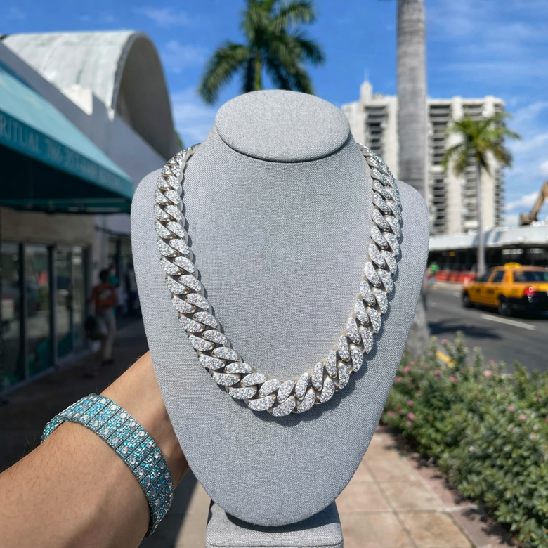 Cuban chain width progression from 10mm to 20mm on model - Shows dramatic visual impact difference and helps buyers choose optimal size for their style goals