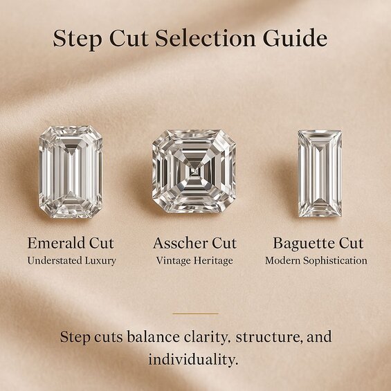 Image: Step Cut Setting Options and Corner Protection - Detailed images showing prong placement, bezel settings, and corner protection methods to prevent chipping while maintaining brilliance