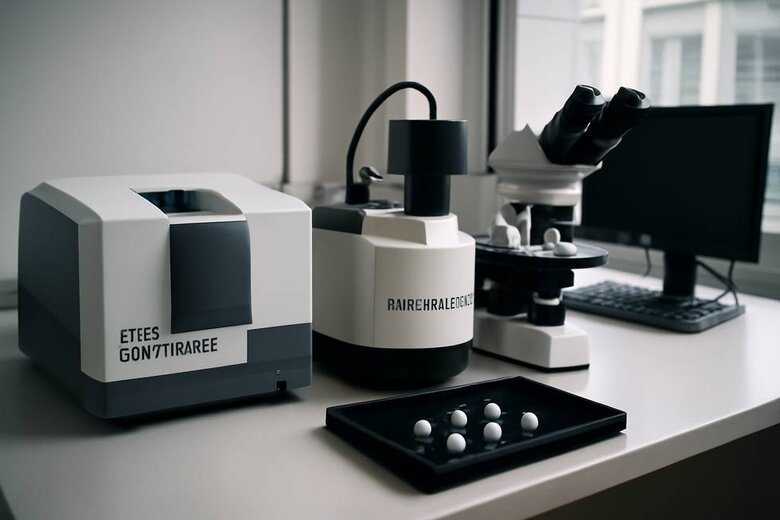 Image: Advanced Diamond Authentication Setup - Laboratory workstation showing FTIR spectrometer, photoluminescence equipment, and microscopy setup to demonstrate professional identification process beyond basic testing