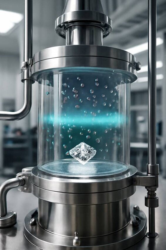 Image: CVD Diamond Growth Chamber Process - Visual demonstration of gas deposition layers forming diamond crystal structure at molecular level