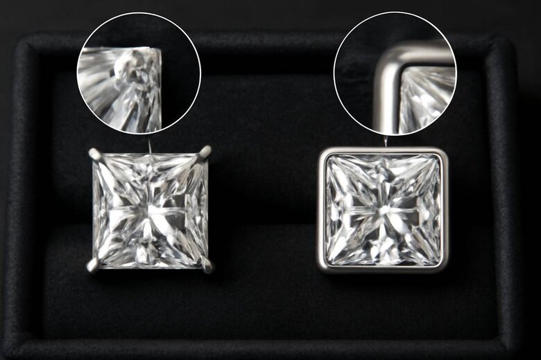 Image: Close-up comparison of princess-cut diamond showing vulnerable corner in prong setting versus same shape fully protected by bezel metal coverage, with magnified inset showing corner detail - Makes abstract vulnerability concept concrete and visual