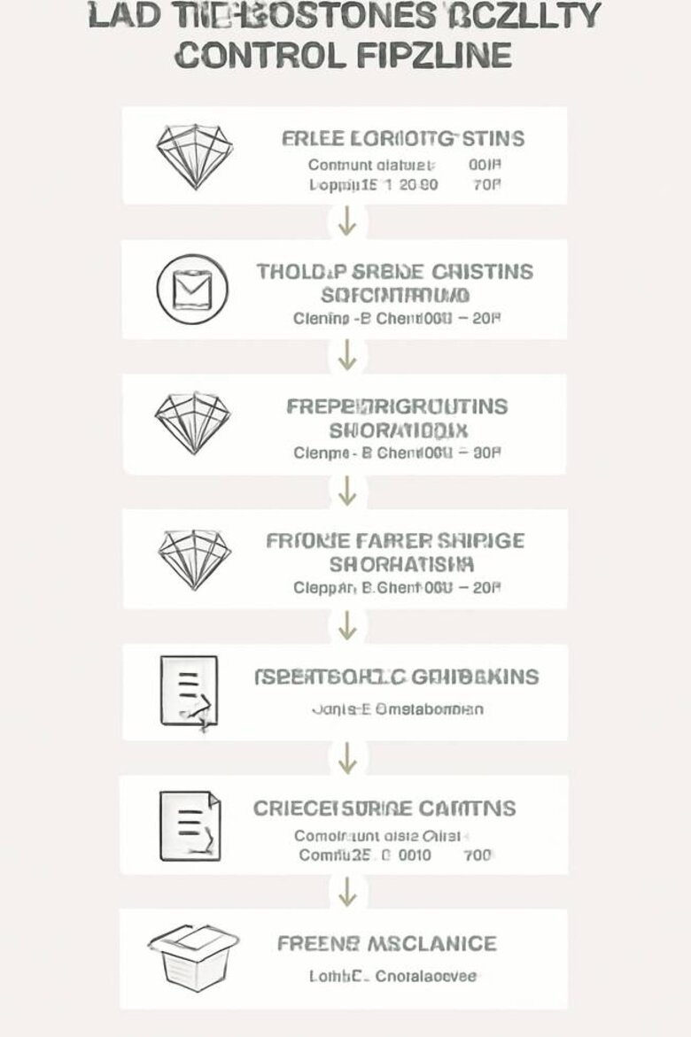 Infographic: Lab-to-Customer Quality Control Pipeline - Seven-stage vertical process flowchart showing rough selection criteria, 3D scanning and cutting optimization, precision faceting parameters, optical performance verification, certification submission, post-grading analysis, and direct fulfillment with quality checkpoints and rejection rates at each stage - Visualizes manufacturer control advantages over multi-supplier retail models
