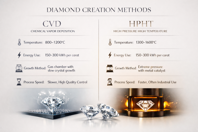 CVD vs HPHT Production Process Side-by-Side Comparison - Visual demonstration of temperature differences, equipment setup, and energy consumption patterns to help readers understand the technical distinctions between methods