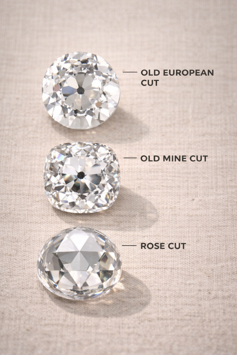 Vintage Diamond Cut Comparison Guide - Side-by-side visual comparison of Old European, Rose Cut, and Old Mine Cut lab diamonds showing light reflection patterns and historical authenticity features