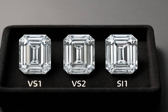 Image: Step Cut Clarity Comparison Photos - Side-by-side images showing VS1, VS2, and SI1 clarity grades in emerald cuts to demonstrate visible inclusion differences
