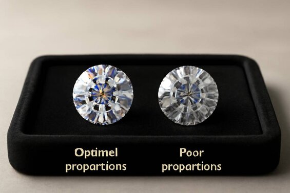 Image: Diamond Light Path Visualization - Shows how light travels through properly vs poorly proportioned diamonds, demonstrating brilliance differences