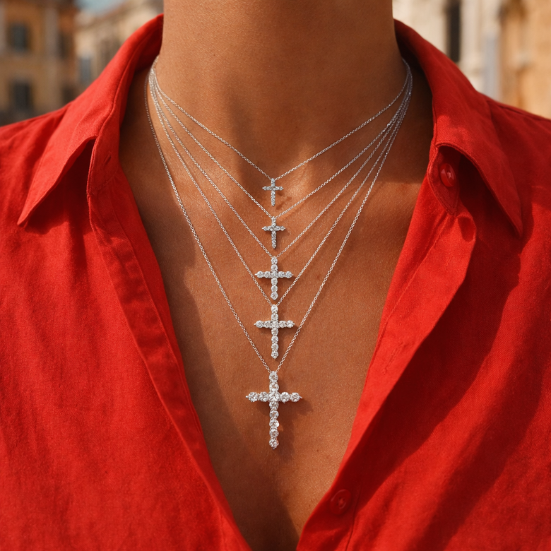 Perfect Layering Formula for Cross Necklaces - Detailed visual breakdown showing optimal chain length combinations, cross size proportions, and styling techniques with measurements and styling tips