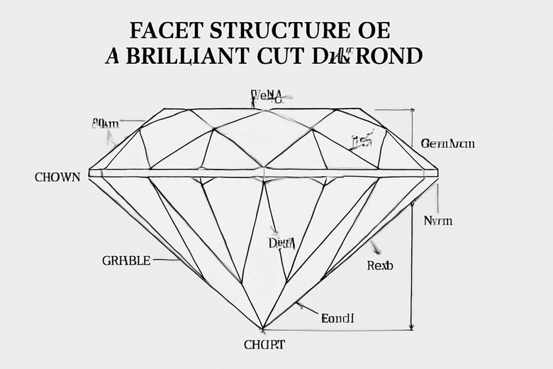Image: Brilliant Cut Facet Structure Diagram - Visual breakdown of the 57-58 facet arrangement showing crown, pavilion, and girdle components with precise angle measurements for optimal light performance