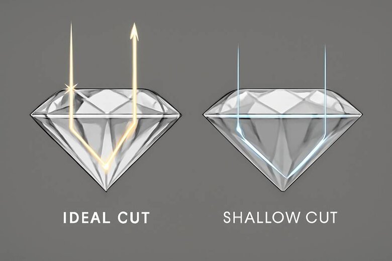 Image: Cross-section diagram showing light path comparison between ideal cut and shallow cut diamonds - Visually demonstrates why shallow cuts leak light and create dead zones, making complex physics immediately understandable