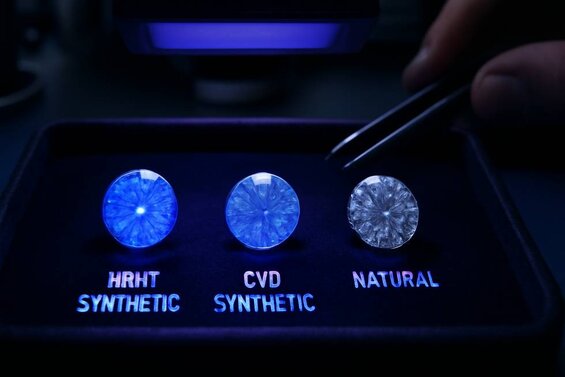 Image: HPHT Diamond Under UV Light Comparison - Side-by-side fluorescence patterns showing HPHT, CVD, and natural diamonds under ultraviolet light to demonstrate identification differences