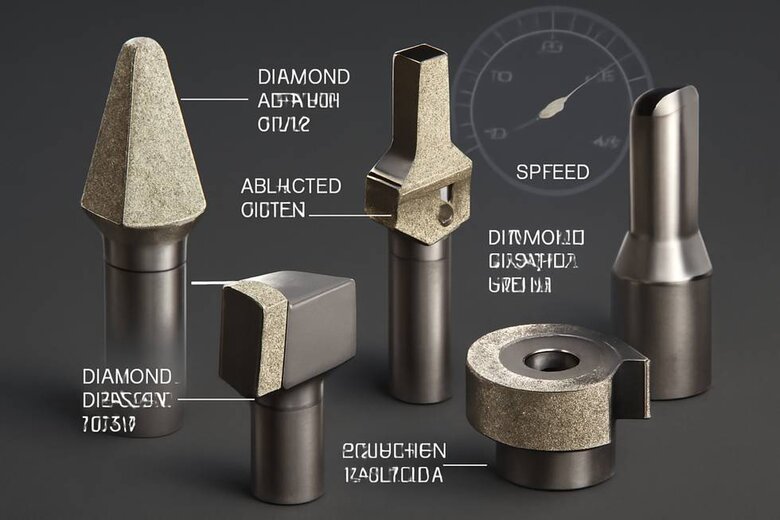 Image: Specialized Diamond-Coated Tools Configuration - Detailed cutaway view showing different tool angles, diamond powder compounds, and scaife wheel configurations optimized for CVD versus HPHT cutting, with pressure and speed indicators - Essential for understanding proper tool selection and setup for each diamond type