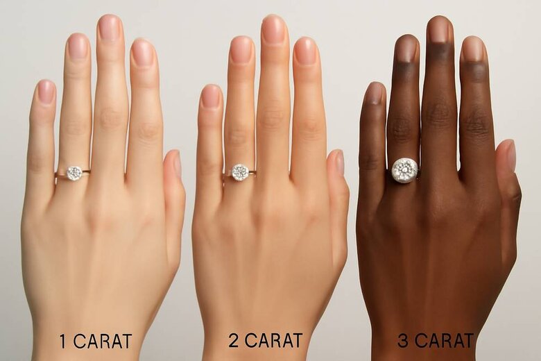 Image: Progressive size comparison showing 1-carat, 2-carat, and 3-carat diamonds on hand models with different skin tones under various lighting conditions optimized for social media photography - Demonstrates visual impact differences for Instagram documentation