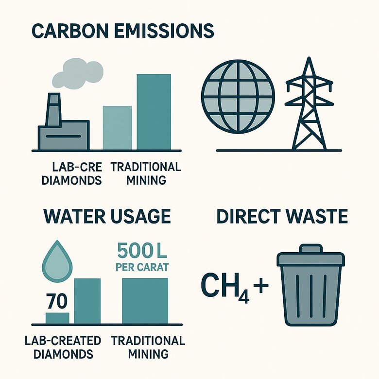 Infographic: Resource Consumption Lifecycle Analysis - Comprehensive flow chart showing water usage, energy consumption, carbon emissions, and waste generation from raw materials to finished diamond for both lab and mined production methods