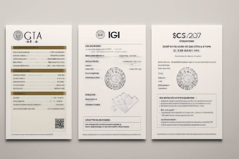 Image: Side-by-Side Certificate Comparison Visual - Shows actual GIA, IGI, and SCS-007 certificates highlighting different information types and verification approaches for easy understanding