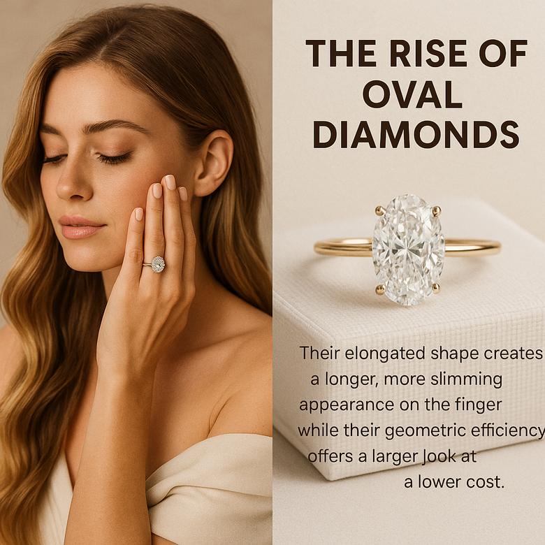 Visual diagram showing oval diamond length-to-width ratios from 1.30 to 1.65 on hand models, with labels indicating "Classic" (1.35-1.45) and "Elongated" (1.50-1.65) zones - Eliminates confusion about abstract ratios by showing exactly how different proportions look on actual fingers