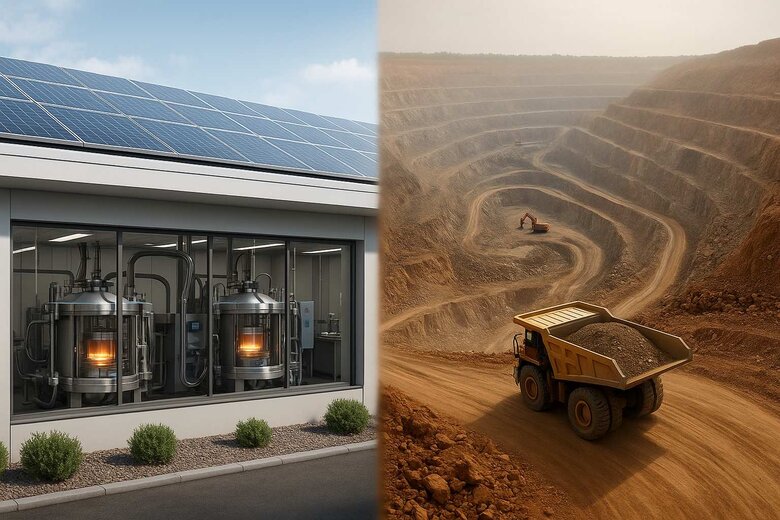 Image: Split-Screen Environmental Impact Comparison - Modern solar-powered lab facility producing diamonds in controlled chambers versus massive open-pit mining operation with excavation equipment and disrupted landscape