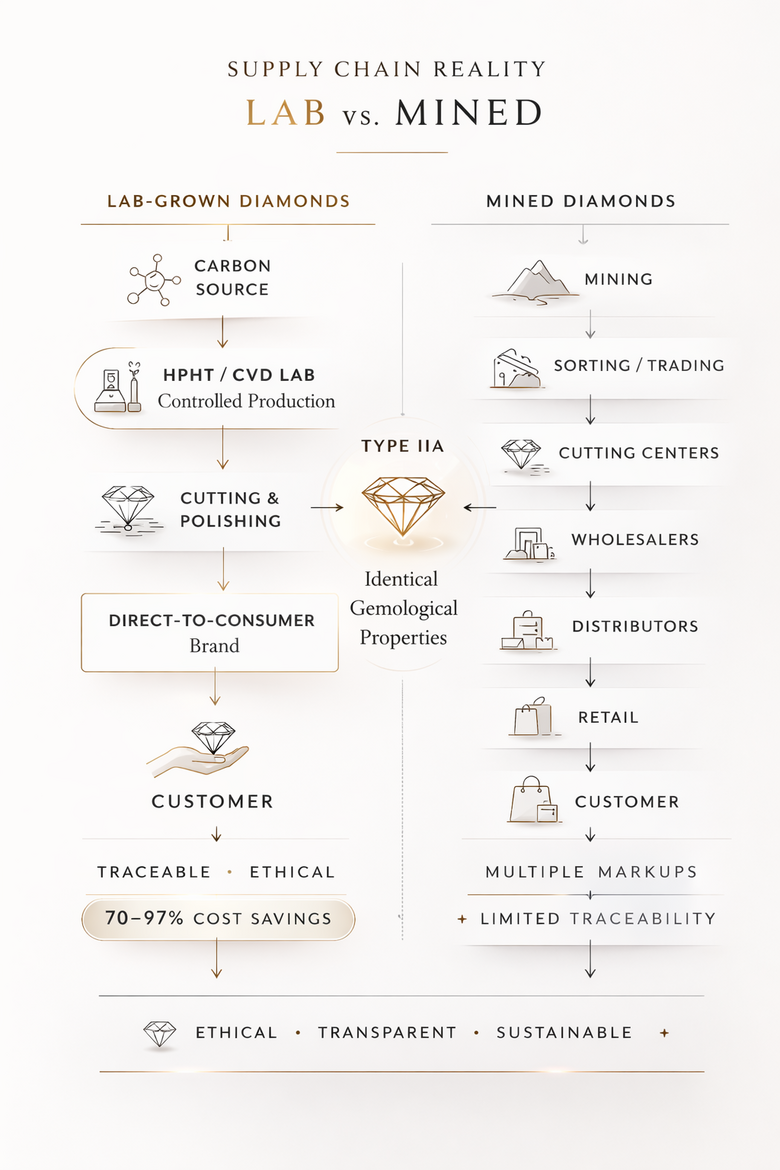 Diamond Supply Chain Flow - Lab vs Mined Distribution Networks - Visualizes exactly where markup costs accumulate and how lab-grown diamonds eliminate 4-5 intermediary steps