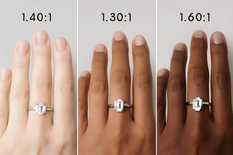 Image: Emerald Cut Length-to-Width Ratio Visual Guide - Side-by-side comparison showing how 1.40:1, 1.50:1, and 1.60:1 ratios appear on different hand types, solving the selection confusion buyers face
