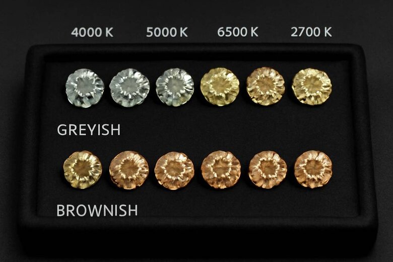 Image: Color Temperature Comparison Chart Showing Greyish vs Brownish Olive Diamonds - Visual spectrum analysis displaying exact color differences under various lighting conditions and temperature ranges