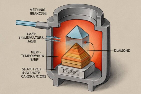 Image: CVD Diamond Growth Chamber Cross-Section with Process Visualization - Detailed technical illustration showing gas flow, temperature zones, substrate placement, and carbon atom deposition layers during diamond formation