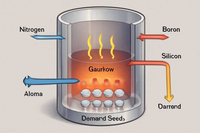 Image: CVD Diamond Growth Chamber Cross-Section Showing Gas Flow and Color Formation - Visual demonstration of how trace elements create different colors during layer-by-layer diamond growth process