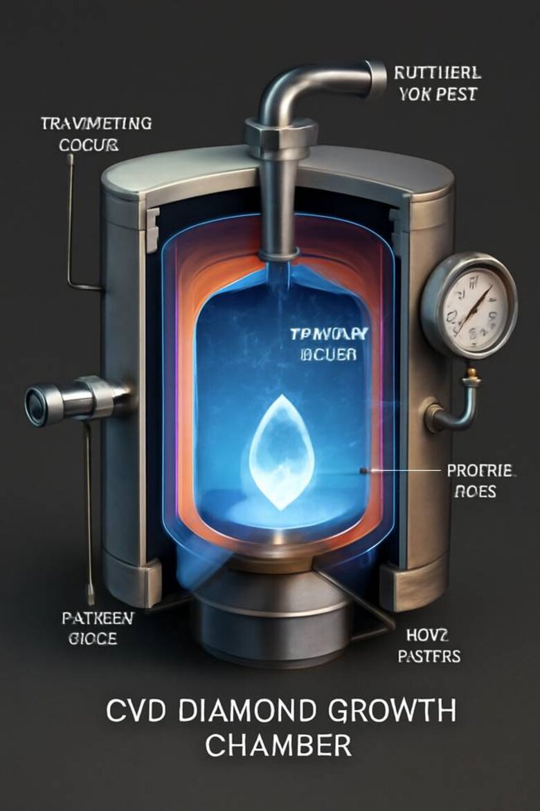Image: CVD Diamond Growth Chamber Cross-Section - Visual demonstration of controlled environment showing methane plasma deposition process, temperature zones, and seed crystal positioning for reader understanding of manufacturing precision