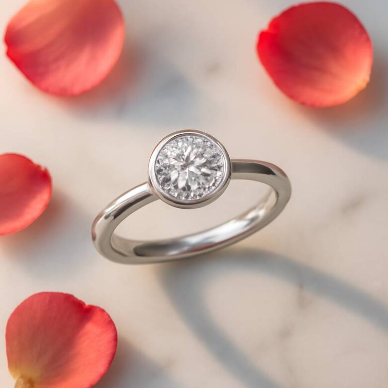 Image: Instagram flat-lay photograph showing bezel engagement ring on marble surface with soft natural lighting and minimal styling, demonstrating the &quot;high-engagement&quot; aesthetic that performs well on social media - Shows readers exactly what makes bezel rings &quot;Instagram-worthy&quot;