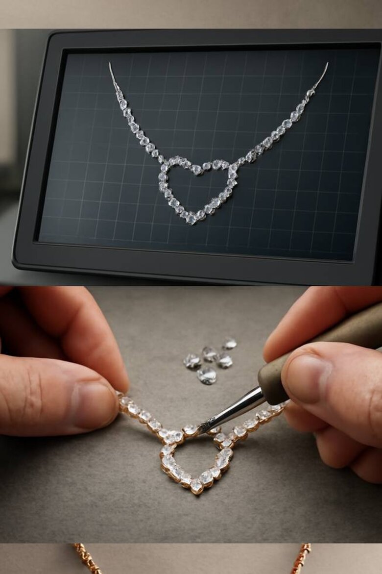 Image: Romantic Custom Diamond Necklace Design Process - Step-by-step visual showing how personal stories transform into wearable jewelry designs
