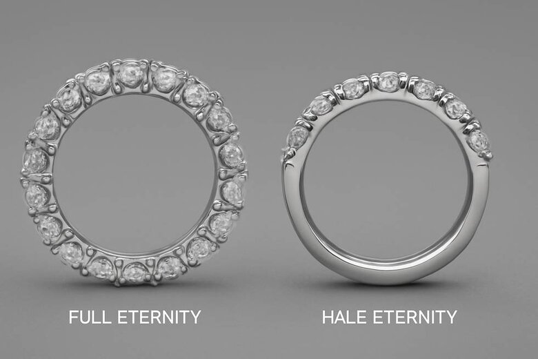 Image: Full vs Half Eternity Band Cross-Sections - Detailed side-view comparison showing stone placement, comfort zones, and sizing flexibility differences between full and half eternity designs