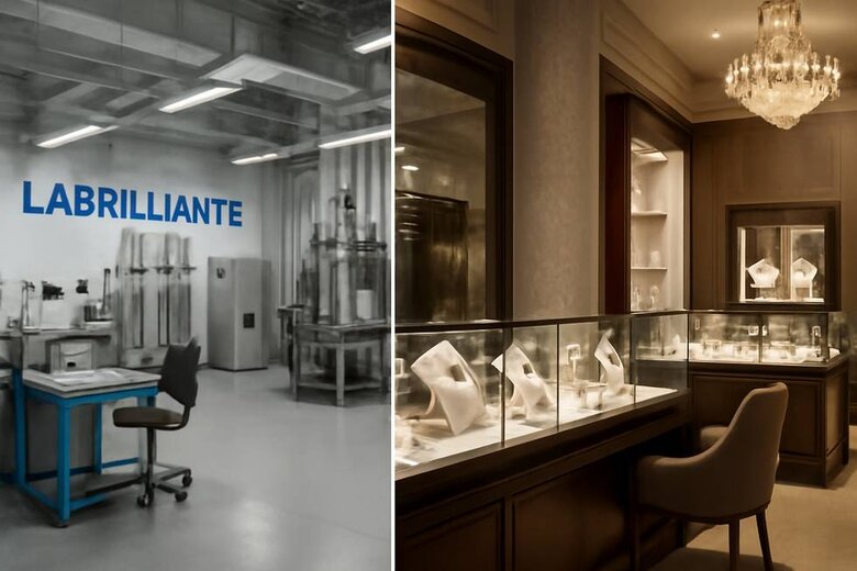Image: Factory Showroom vs Retail Store Environment Comparison - Split photograph showing Labrilliante