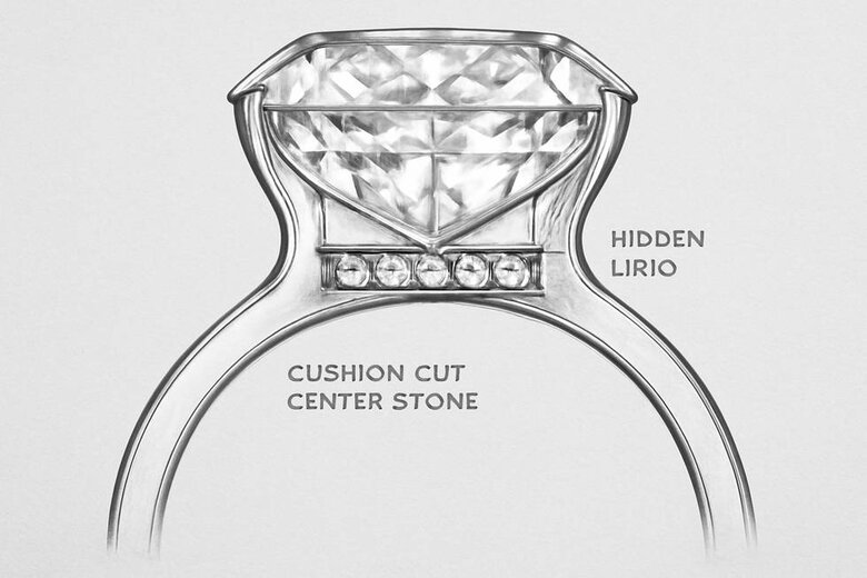 Image: Hidden Halo Cross-Section Technical Diagram - Detailed cutaway view showing diamond placement beneath center stone and how it creates sparkle without visible face-up appearance