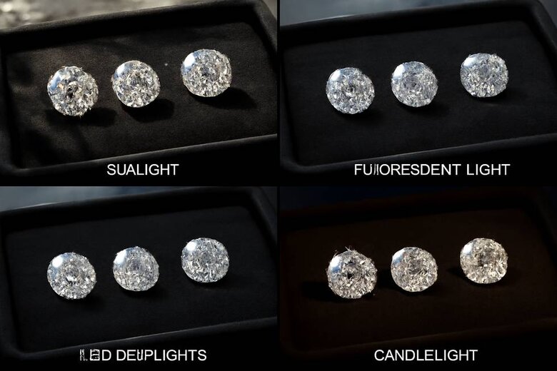 Image: Diamond Performance Under Different Lighting - Four-panel comparison showing brilliant cut vs crushed ice lab diamonds under direct sunlight, fluorescent office lighting, LED spotlights, and candlelight to demonstrate performance variations