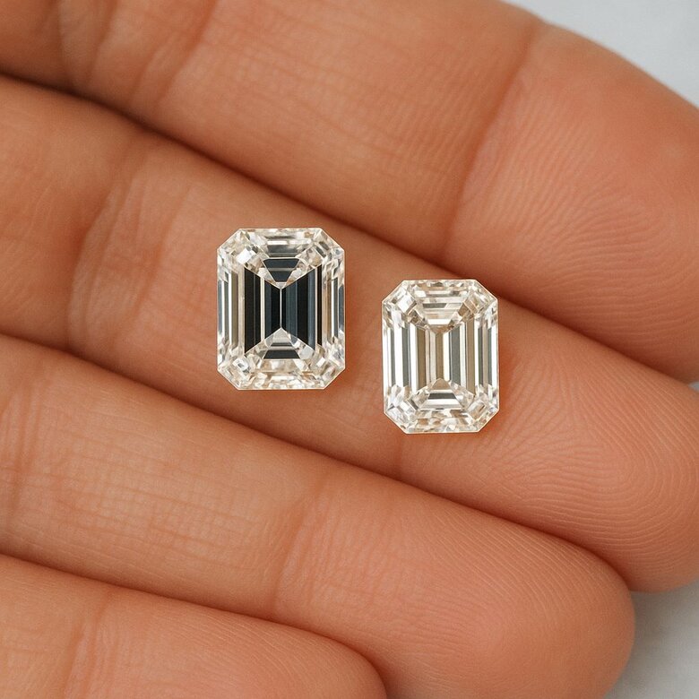 Image: Emerald diamonds exhibiting dark areas and windowing due to how light travels through step cuts