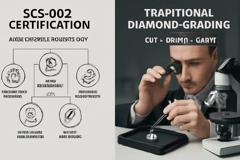 Image: SCS-007 Certification Process and Traditional Diamond Grading Comparison - Shows comprehensive sustainability verification versus standard quality assessment