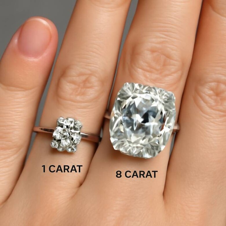 Image: Actual Size Radiant Diamond Comparison on Hand - Real-scale photography showing 1-carat vs 3-carat radiant diamonds on an actual hand to demonstrate the dramatic visual impact difference